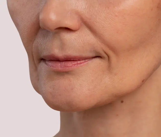 Close-up of the lower face highlighting nasolabial folds (smile lines) and early marionette lines.